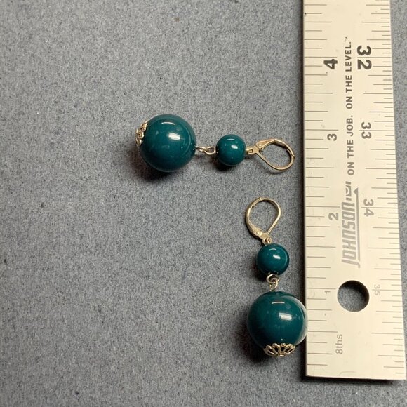 Double Dangle Pierced Earrings 2.5 In Round Bead Teal Blue Silver Drop Vintage - Picture 4 of 4